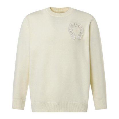 Chrome Hearts Inspired Cream Crew Neck Sweater With Embroidered Logo Detail