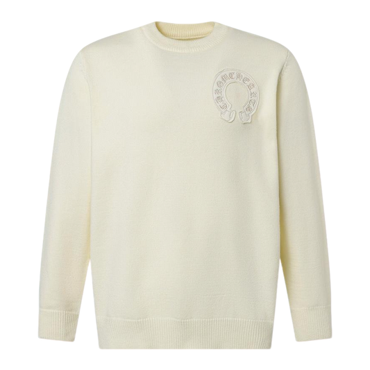 Chrome Hearts Inspired Cream Crew Neck Sweater With Embroidered Logo Detail