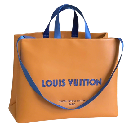 Stylish Orange Louis Vuitton Tote Bag With Blue Handles And Branding