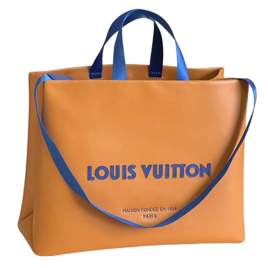 Stylish Orange Louis Vuitton Tote Bag With Blue Handles And Branding