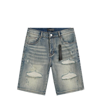 Amiri Light Blue Distressed Denim Shorts With Artful Rips