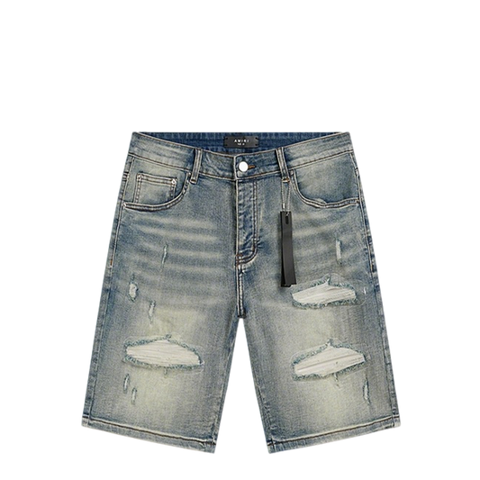 Amiri Light Blue Distressed Denim Shorts With Artful Rips