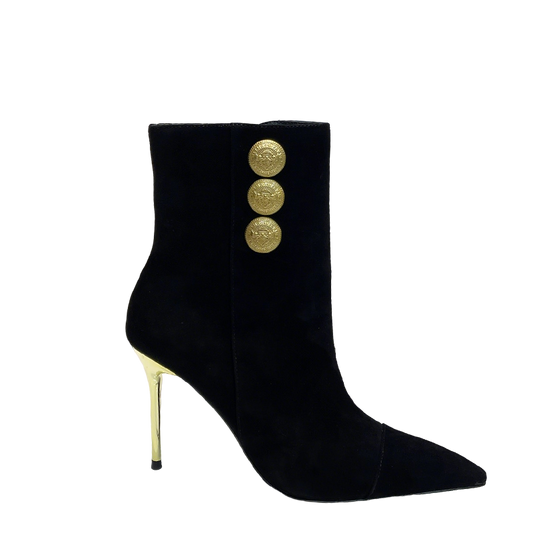 Balmain Black Suede Ankle Boots With Gold Button Detailing