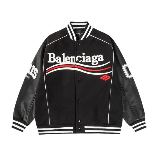 Balenciaga Black Varsity Jacket With Leather Sleeves And Logo
