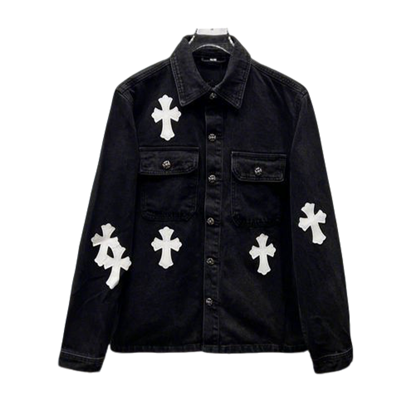 Chrome Hearts Inspired Black Denim Jacket with White Cross Patches
