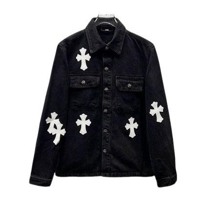 Chrome Hearts Inspired Black Denim Jacket with White Cross Patches