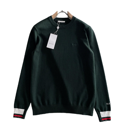Gucci Men's Dark Green Crew Neck Knitted Sweater With Signature Details