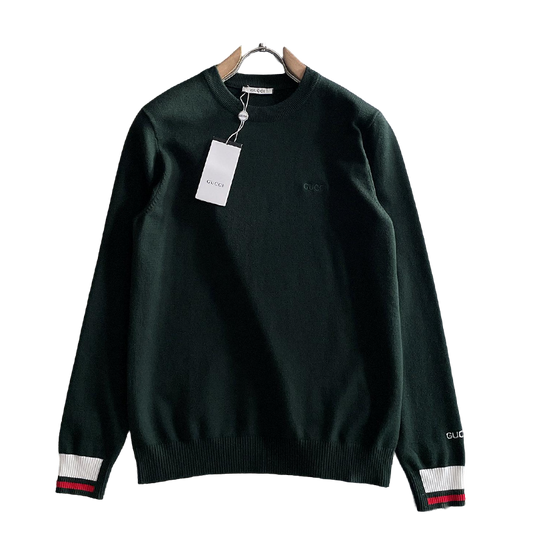 Gucci Men's Dark Green Crew Neck Knitted Sweater With Signature Details