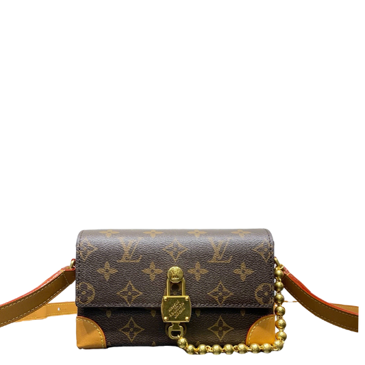 Chic Louis Vuitton Monogram Crossbody Bag With Gold Lock And Bead Chain