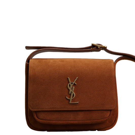 YSL Niki_baby Brown/Black Suede Crossbody Bag With Gold Logo Accent 633151-1