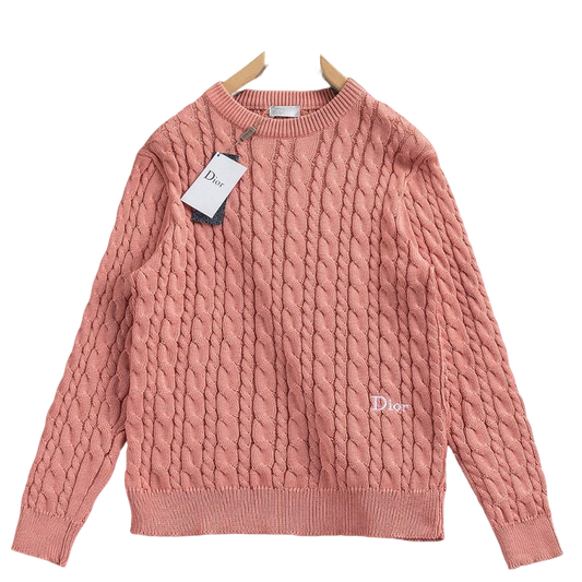 Dior Pink Cable - Knit Crew Neck Long - Sleeve Fashion Sweater