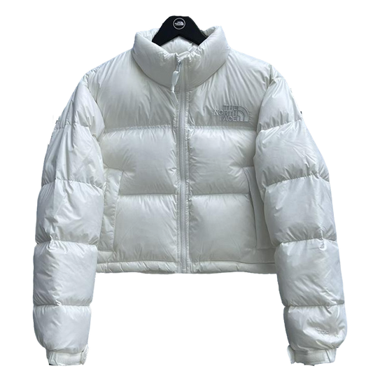 The North Face White Cropped Nuptse Puffer Jacket For Winter Warmth