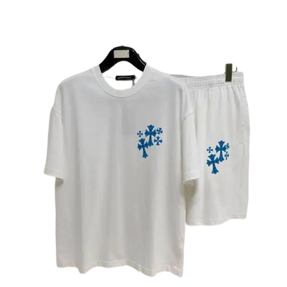 Chrome Hearts White T - shirt And Shorts Set With Blue Cross Motifs