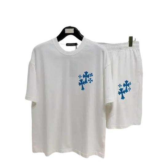 Chrome Hearts White T - shirt And Shorts Set With Blue Cross Motifs