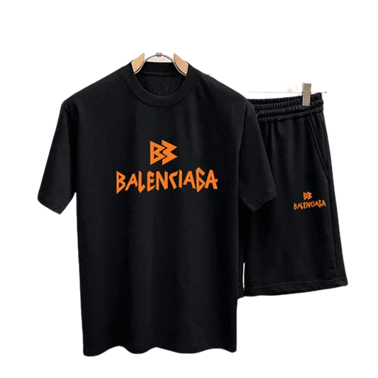 Balenciaga Black T shirt And Shorts Set With Orange Logo