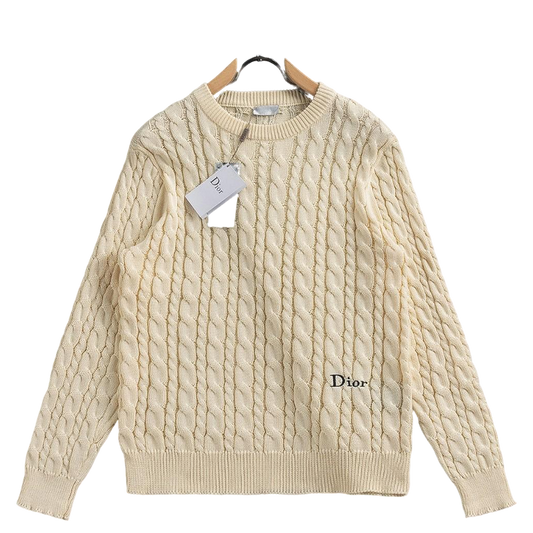 Dior Beige Cable - Knit Crew Neck Long - Sleeve Fashion Sweater