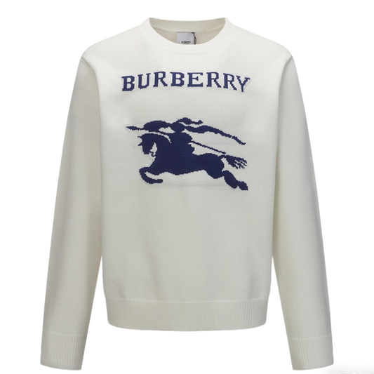 Burberry Men's White Crew Neck Sweater With Equestrian Design