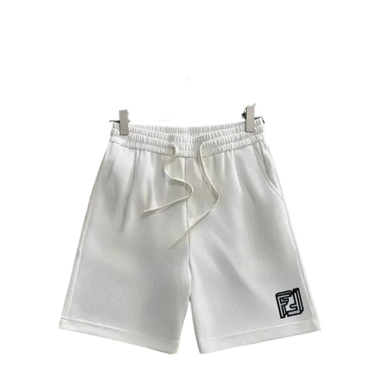 Fendi Men's White FF Logo Embroidered Drawstring Casual Shorts