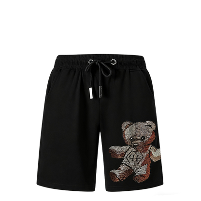 Philipp Plein Men's Black Shorts With Rhinestone Teddy Bear Design