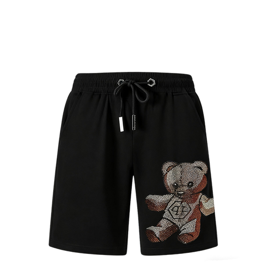 Philipp Plein Men's Black Shorts With Rhinestone Teddy Bear Design