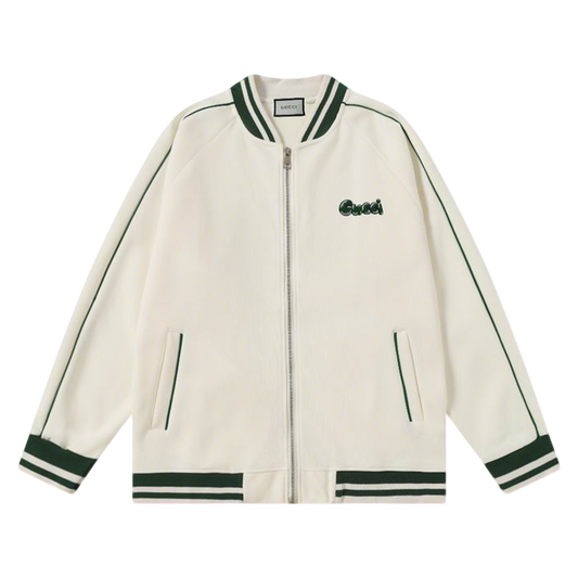 Gucci White Bomber Jacket With Green Trim And Logo