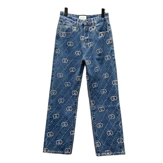 Gucci Blue Denim Jeans With Crystal GG Pattern