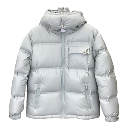 Light Gray Prada Puffer Jacket With Hood And Logo