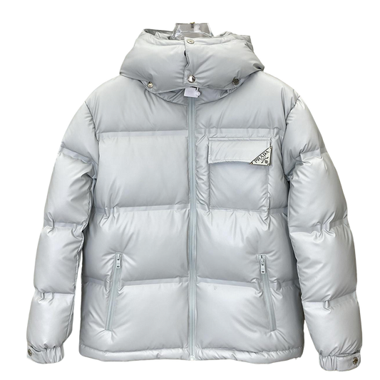 Light Gray Prada Puffer Jacket With Hood And Logo