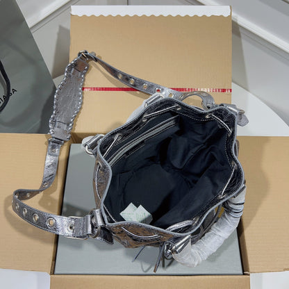 Metallic Balenciaga Bucket Bag with Studs and Adjustable Straps for Edgy Fashion Style No.3033