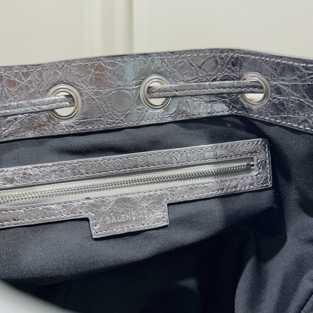 Metallic Balenciaga Bucket Bag with Studs and Adjustable Straps for Edgy Fashion Style No.3033