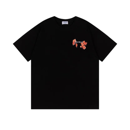 Off White White/Black T Shirt With Orange Floral Pattern And Brand Logo