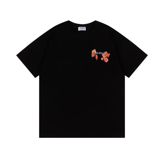 Off White White/Black T Shirt With Orange Floral Pattern And Brand Logo