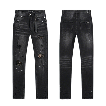 Amiri Black Distressed Jeans With Plaid Patches And Paint Splatters