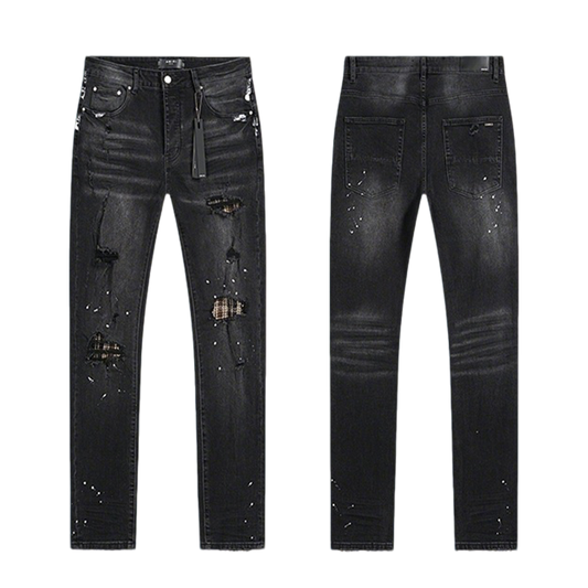 Amiri Black Distressed Jeans With Plaid Patches And Paint Splatters