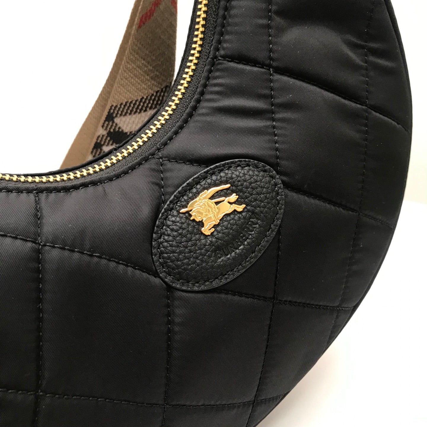 Stylish Black/Red Quilted Burberry Crescent Bag With Checkered Strap And Gold Logo Style No.235