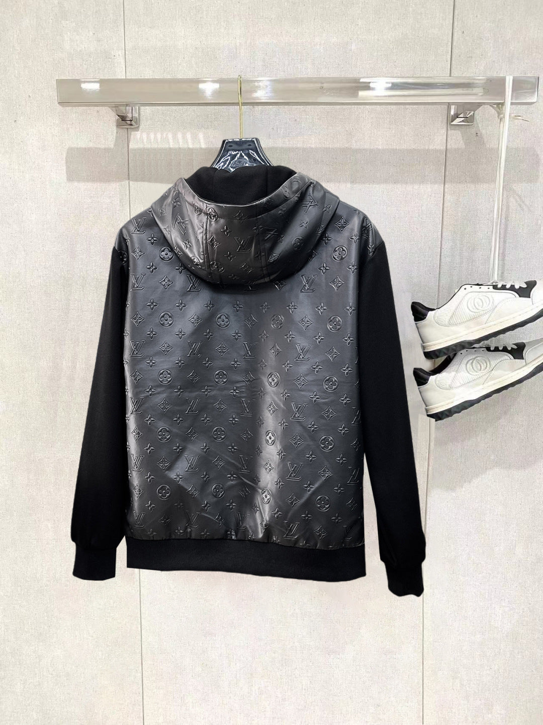 Louis Vuitton Men's Embossed Monogram Hooded Zip-Up Jacket with Contrast Sleeves