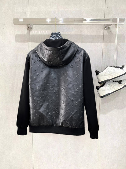 Louis Vuitton Men's Embossed Monogram Hooded Zip-Up Jacket with Contrast Sleeves