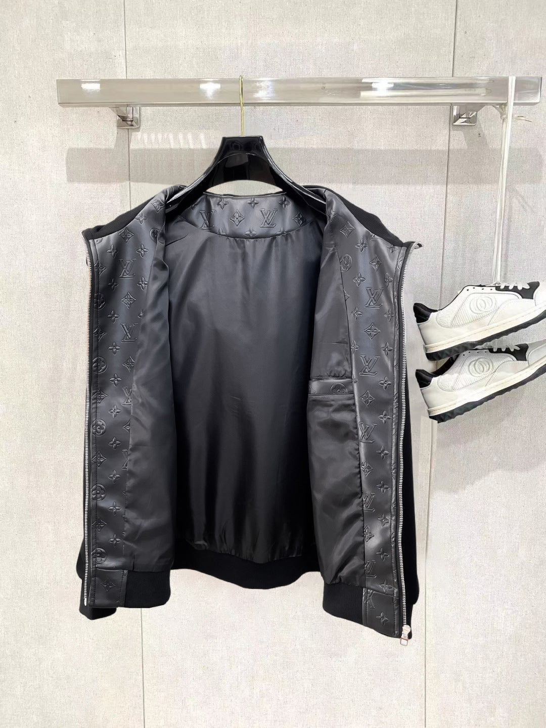 Louis Vuitton Men's Embossed Monogram Hooded Zip-Up Jacket with Contrast Sleeves