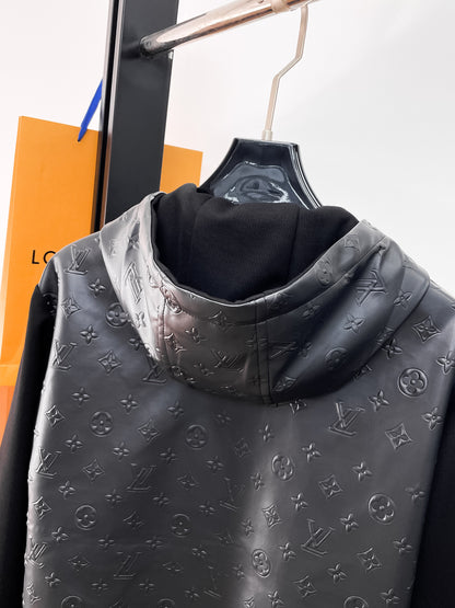 Louis Vuitton Men's Embossed Monogram Hooded Zip-Up Jacket with Contrast Sleeves