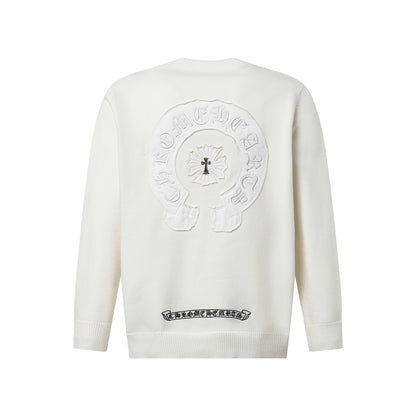Chrome Hearts Inspired White Crew Neck Sweater With Embroidered Logo Detail