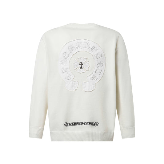 Chrome Hearts Inspired White Crew Neck Sweater With Embroidered Logo Detail