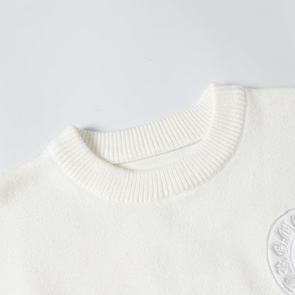 Chrome Hearts Inspired White Crew Neck Sweater With Embroidered Logo Detail