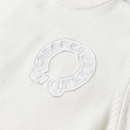 Chrome Hearts Inspired White Crew Neck Sweater With Embroidered Logo Detail