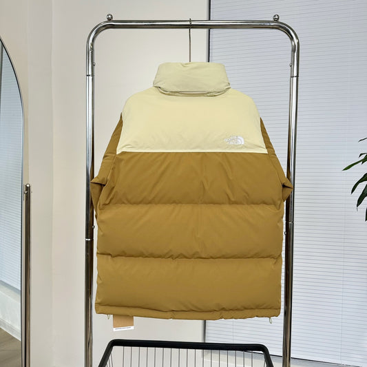 The North Face Nuptse Puffer Jacket In Tan And Beige Color Block Design