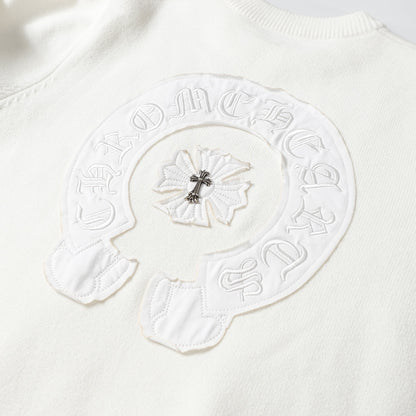 Chrome Hearts Inspired White Crew Neck Sweater With Embroidered Logo Detail