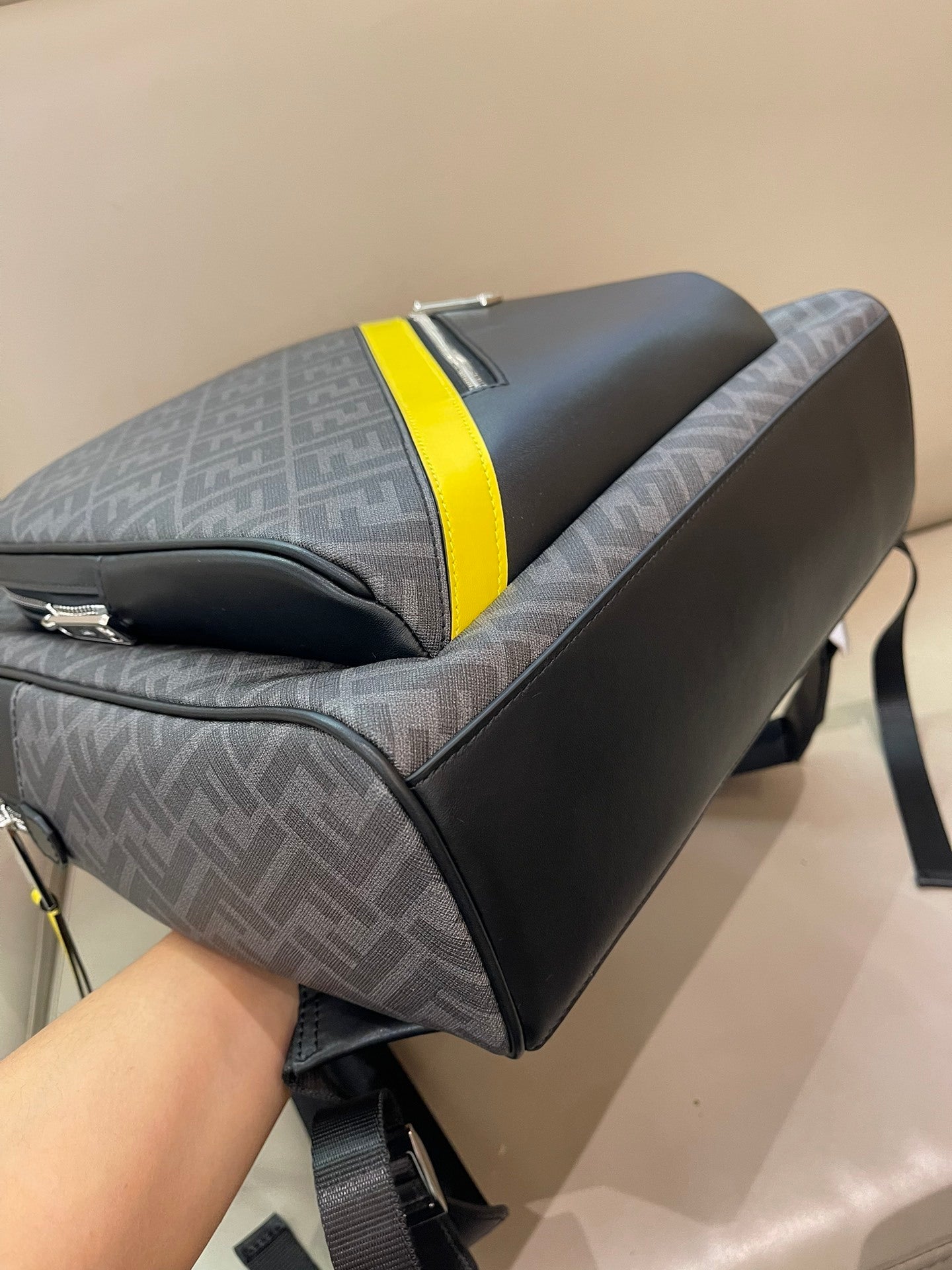 Trendy Fendi Backpack With Signature FF Pattern And Contrasting Yellow Accent 7VZ074