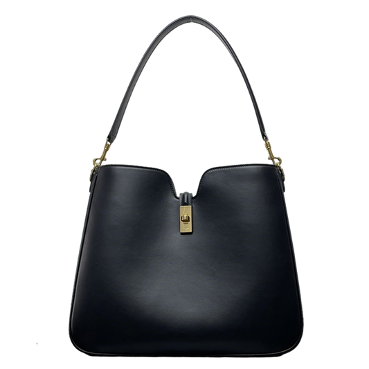 Celine 16 Soft Black Leather Hobo Bag With Gold - Tone Lock Accent 119563