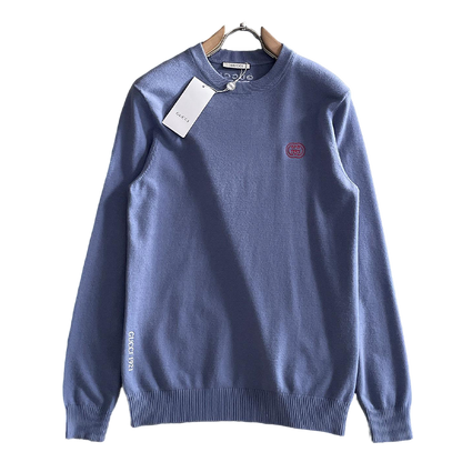 Gucci Men's Light Blue Crew Neck Knitted Sweater With Logo Details
