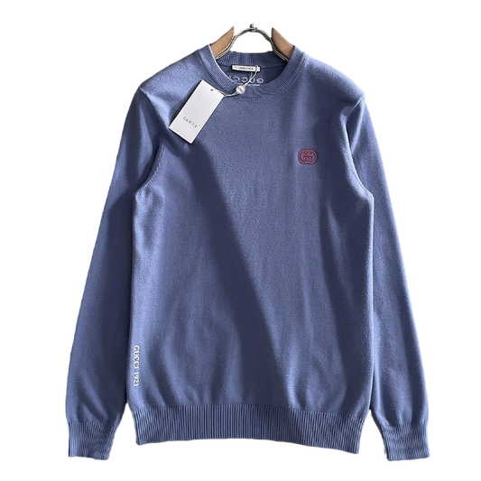 Gucci Men's Light Blue Crew Neck Knitted Sweater With Logo Details