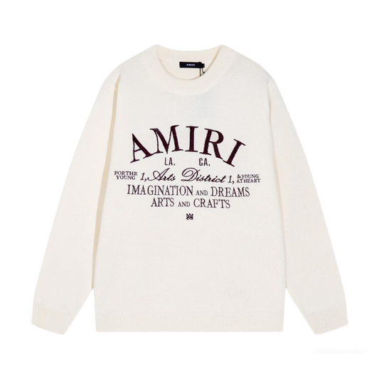 Amiri Men's Cream Crew Neck Knitted Sweater With Brand Slogan Print